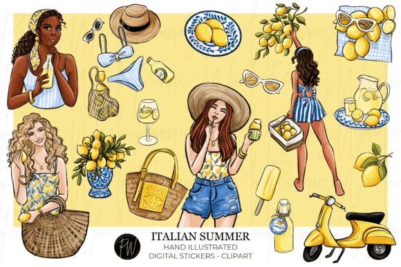 Download Italian Summer Girls Hand Drawn Clipart - Premium Bundle