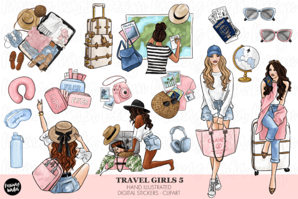 Download Pink Travel Girls Hand Drawn Clipart - Hand drawn clipart Collection